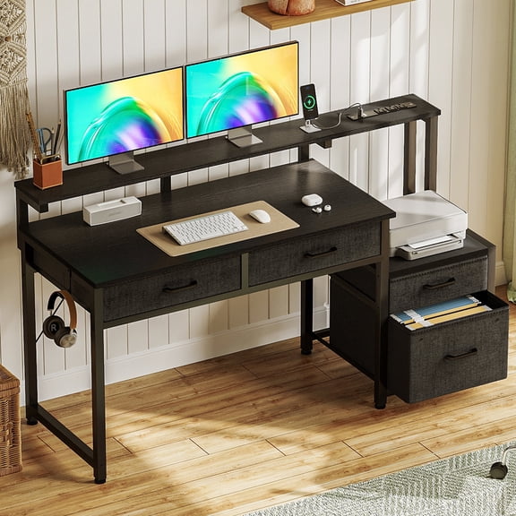 Casacomoda Computer Desk with 4 Drawers, 48 Inch Reversible Desk with Power Outlet, Home Office Desk with File Drawer & Monitor Stand, Black
