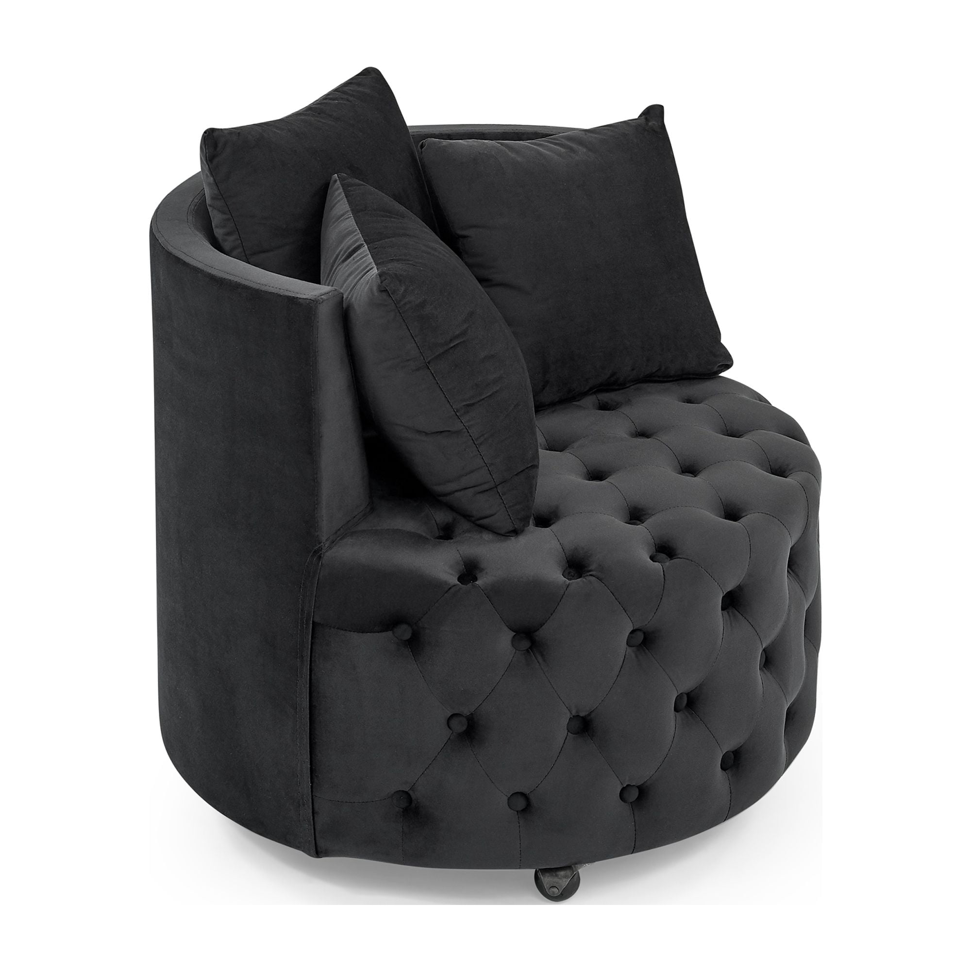 DEALTOPS Velvet Upholstered Swivel Chair for Living Room, with Button Tufted Design and Movable Wheels, Including 3 Pillows-Black