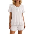 thumbnail image 2 of Short Sets for Women Cute Ruffle Hem Short Sleeve Peter Pan Collar T Shirt and Shorts 2 Piece Matching Set Loungewear, 2 of 5