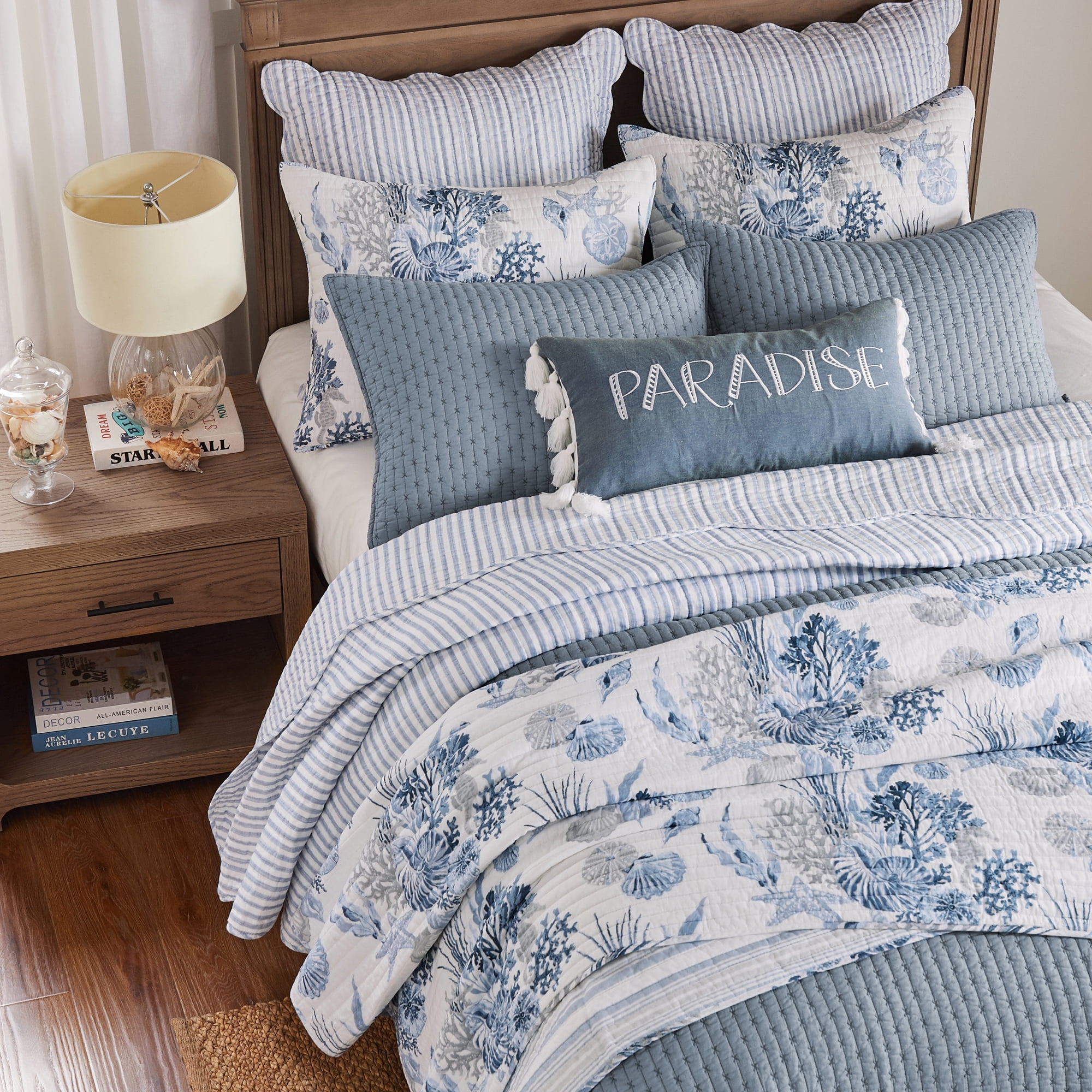 Levtex Home - Coral Landing Quilt Set - King Quilt and Two King Shams - Coastal - Navy Blue Grey White - Quilt (106x92in.) and Shams (20x36in.) - Reversible - Cotton