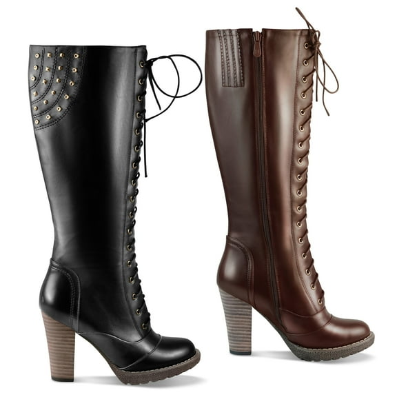 Ferwind Women's Lace-up Riding Boots High Chunky Heels Adult Brown  6