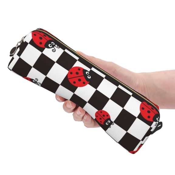Ratiio Ladybugs Of Black And White Checkers Pattern Leather Pencil Case, Pencil Pouch with Durable Zipper, Compact and Stylish Organizer for Stationery, Art Supplies, Travel Essentials