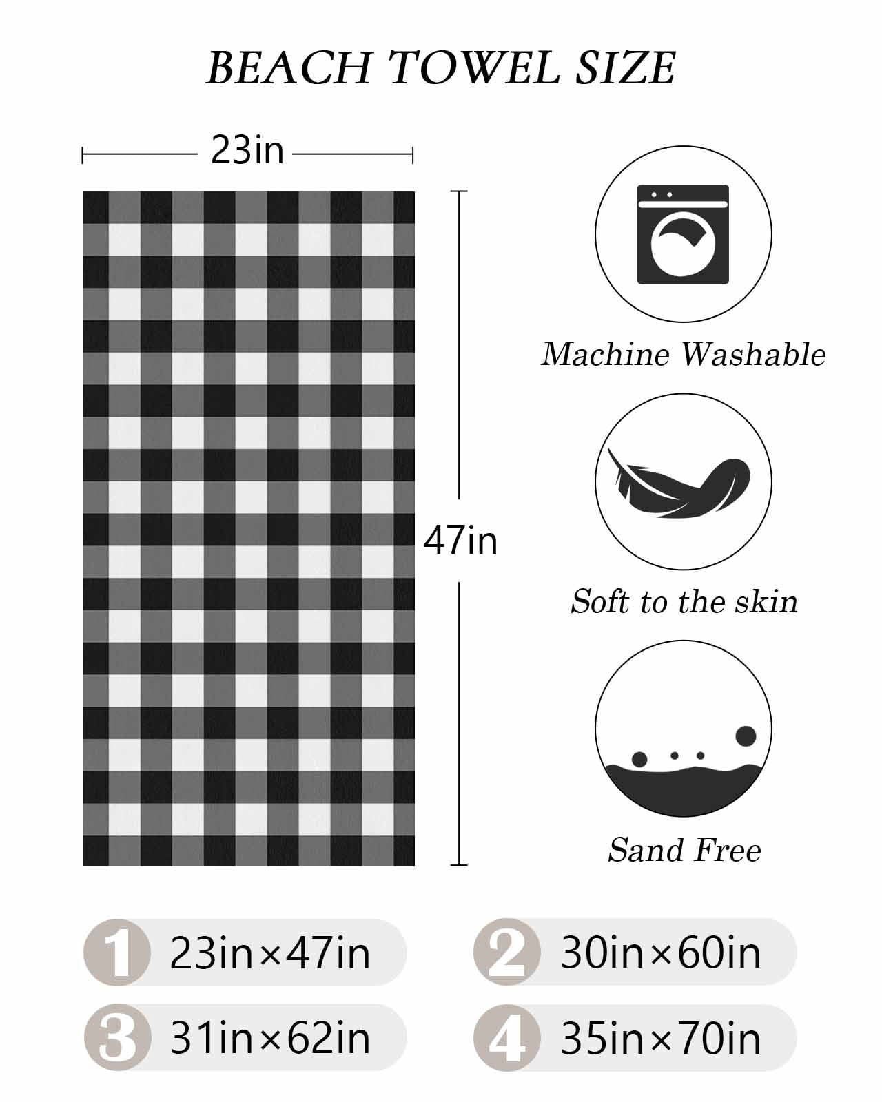 Black White Plaid Beach Towels Oversized Super Absorbent, Modern Simple Buffalo Check Gingham Lightweight Bath Towel Quick Dry Sets For Bathroom/Pool/Rv Camping/Beach Play/Gym Room/Picnic 30"x60"