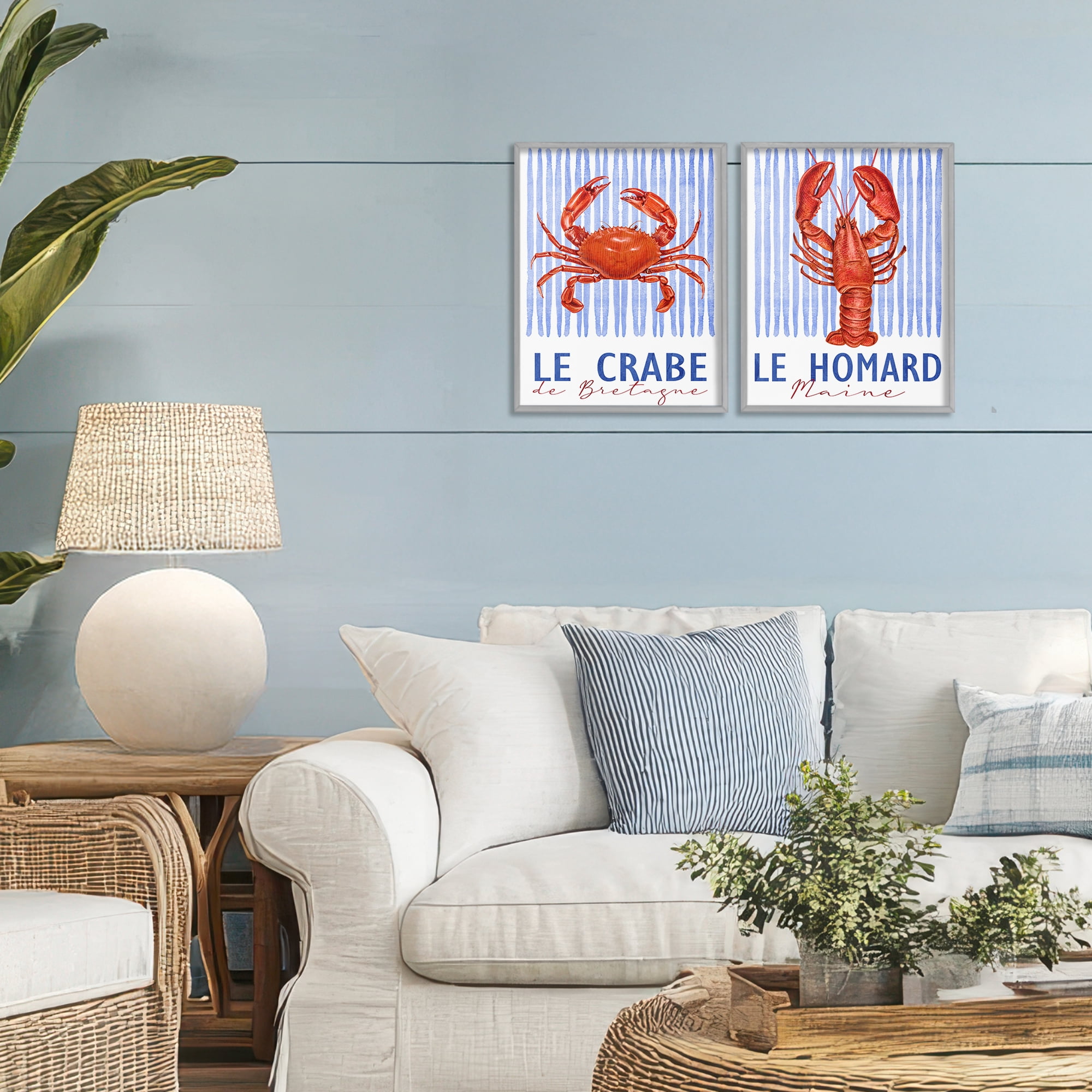 Stupell Industries Nautical Stripes Sea Creatures 2 Piece Gray Framed Giclee Art Set, design by Kim Allen