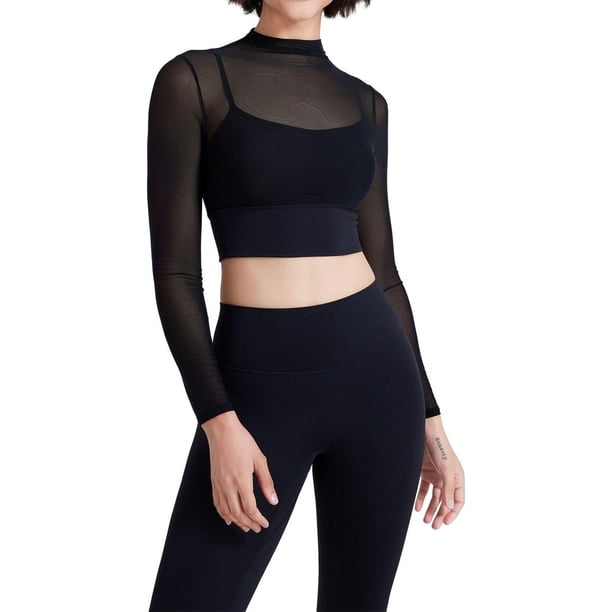 Hotfiary Camisetas de entrenamiento para mujer, camisetas cortas de manga larga con malla transparente acolchadas para Yoga, camiseta atlética para correr, gimnasio, cuello simulado, corte ajustado