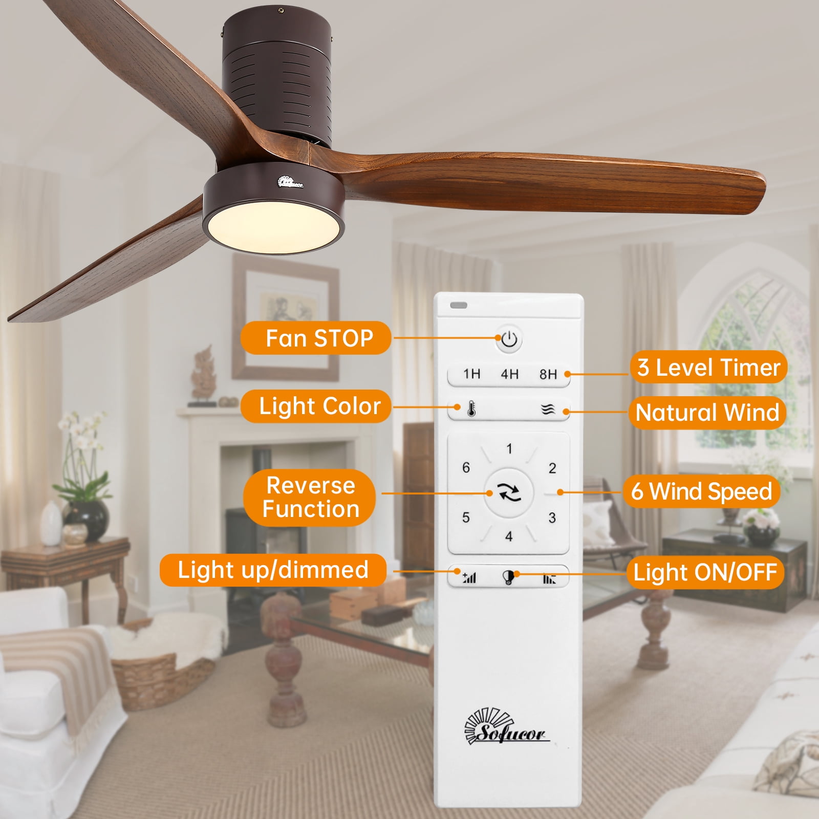 Sofucor 52" Flush Mount Bronze Modern Ceiling Fan with Integrated LED Light