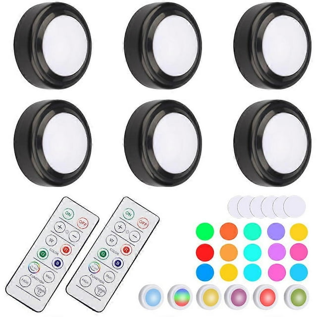 6pcs Battery Powered LED Puck Lights with Remote Control Color Changing Under Cabinet Night Lights for Kitchen, Wireless Tap Activated Atmosphere