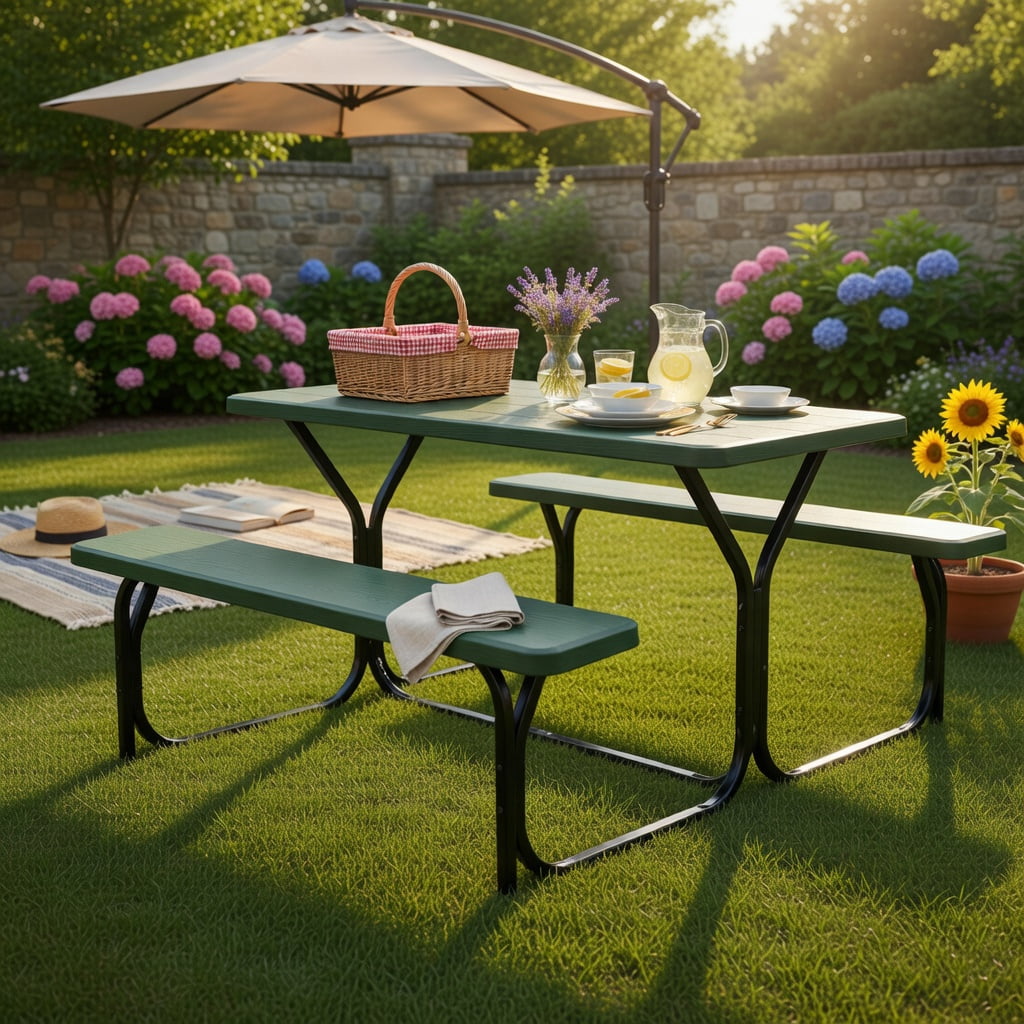 Hommoo Heavy-Duty Outdoor Picnic Table & Bench Set, HDPE Wood-Grain Finish, All-Weather Backyard Patio Furniture, Black