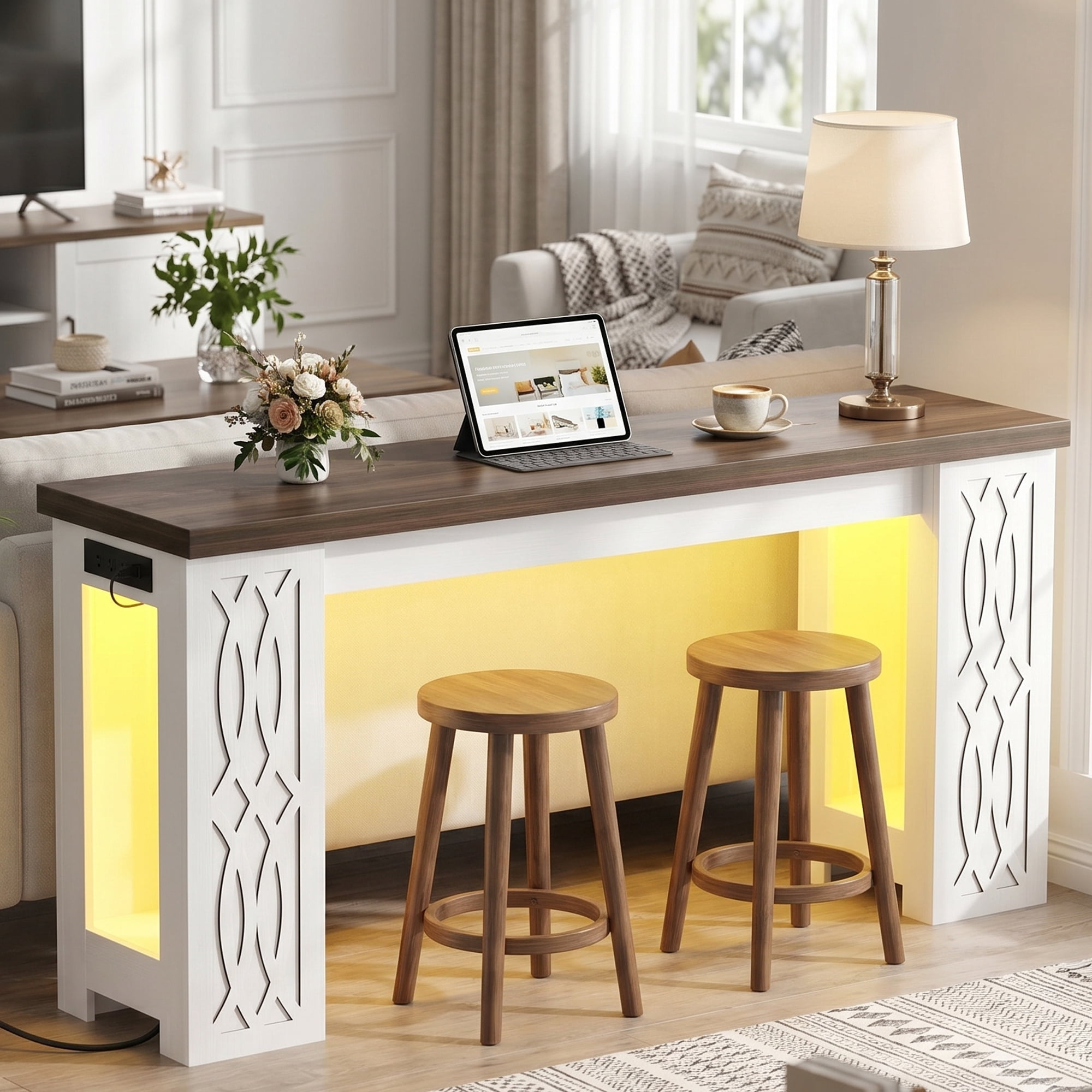 Homieasy 63'' Farmhouse Console Table with Charging Station and LED Lights for Hallway, Entryway, Living Room, White & Walnut