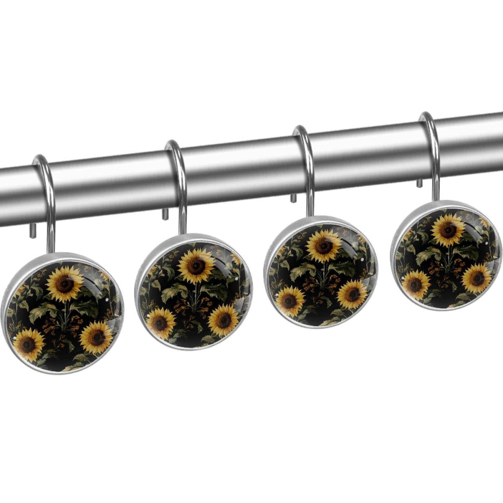 Sunflower on Black Shower Curtain Hooks Round Crystal Glass, Set of 12 Shower Curtain Rings - Shower Hooks for Curtain Shower Rings