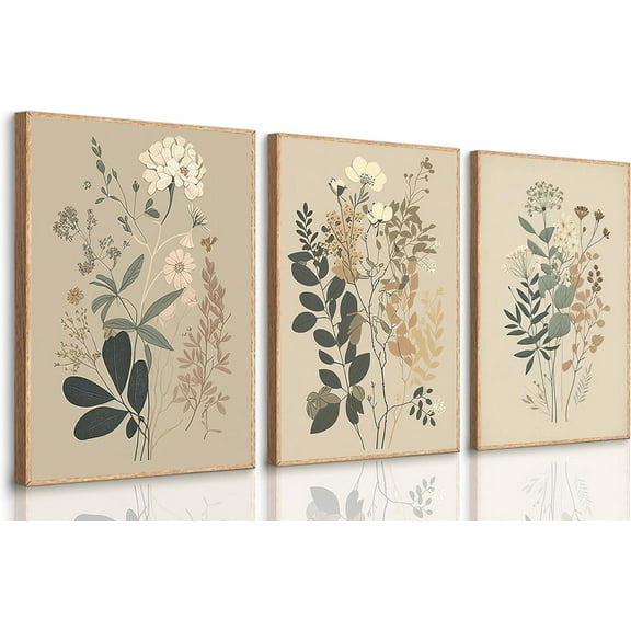 3 Pcs Vintage Botanical Wall Art Nature Floral Plants Wall Decor Daisies Dandelion Wildflower Posters Pictures Watercolor Rustic Farmhouse Canvas Prints Boho Neutral Paintings For Living Room Framed