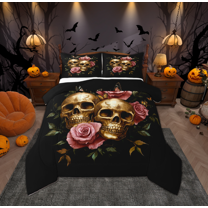 Manfei Couple Skeleton Skull Full Size Comforter Sets, Pink Rose Floral Flower Bedding Comforter Set, Gothic Romantic Reversible Bedding Sets, Luxury Bedroom Decor, 3-Piece