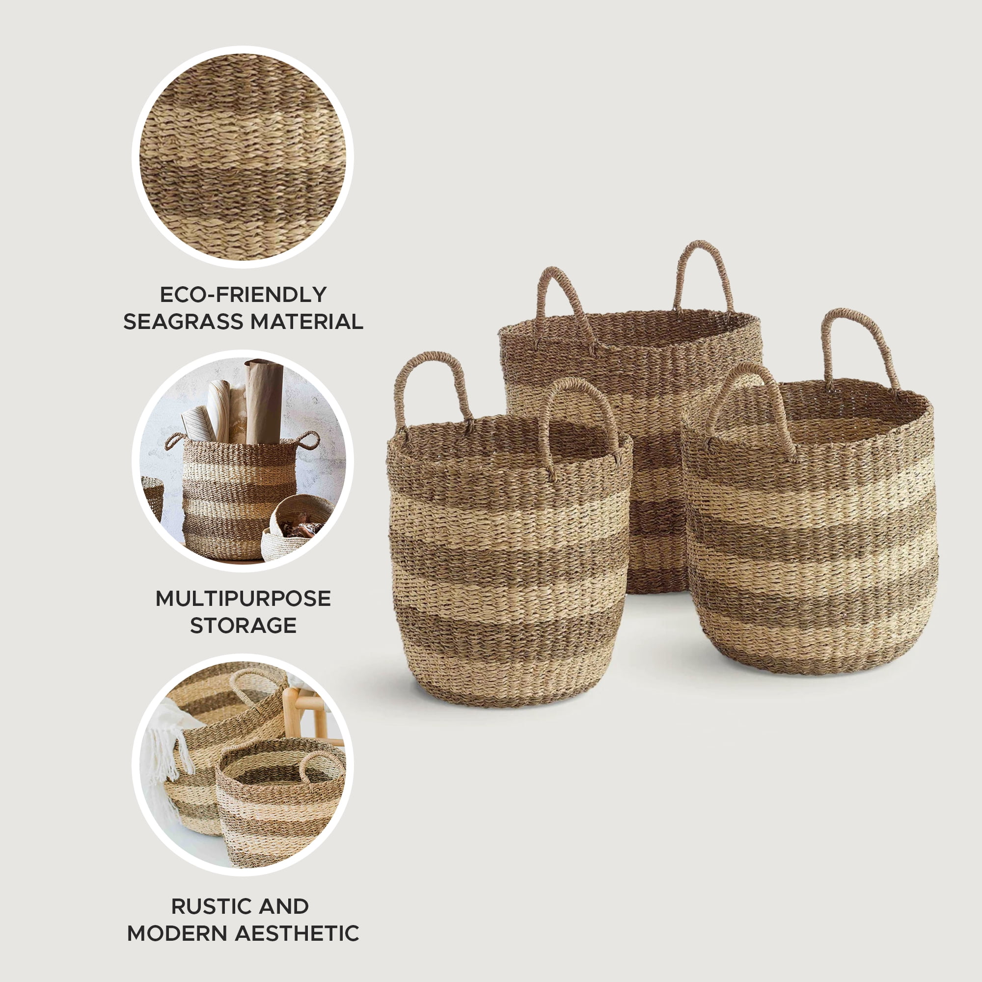 texxture Set of 3 Camden Woven Baskets, Nesting Organizer Bins, Natural