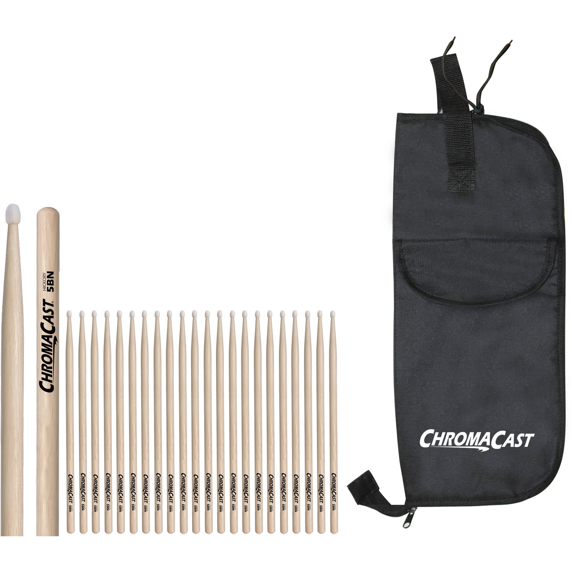 ChromaCast 5B Hickory NylonTipped Drumsticks, 12 Pairs with Drumstick