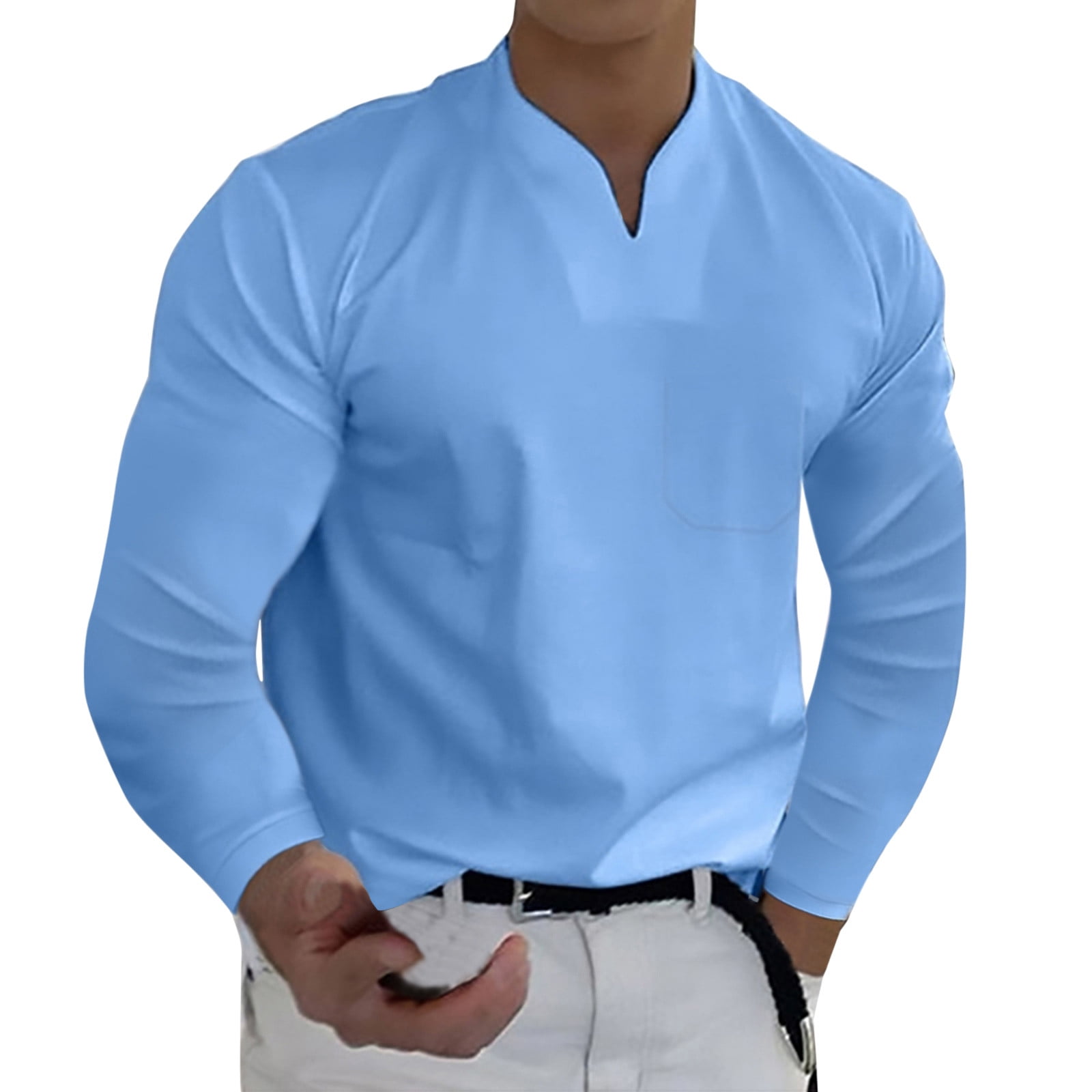 Mens T Shirt Men Spring Casual V-Neck Solid Long Sleeve Tee Shirt Top T ...