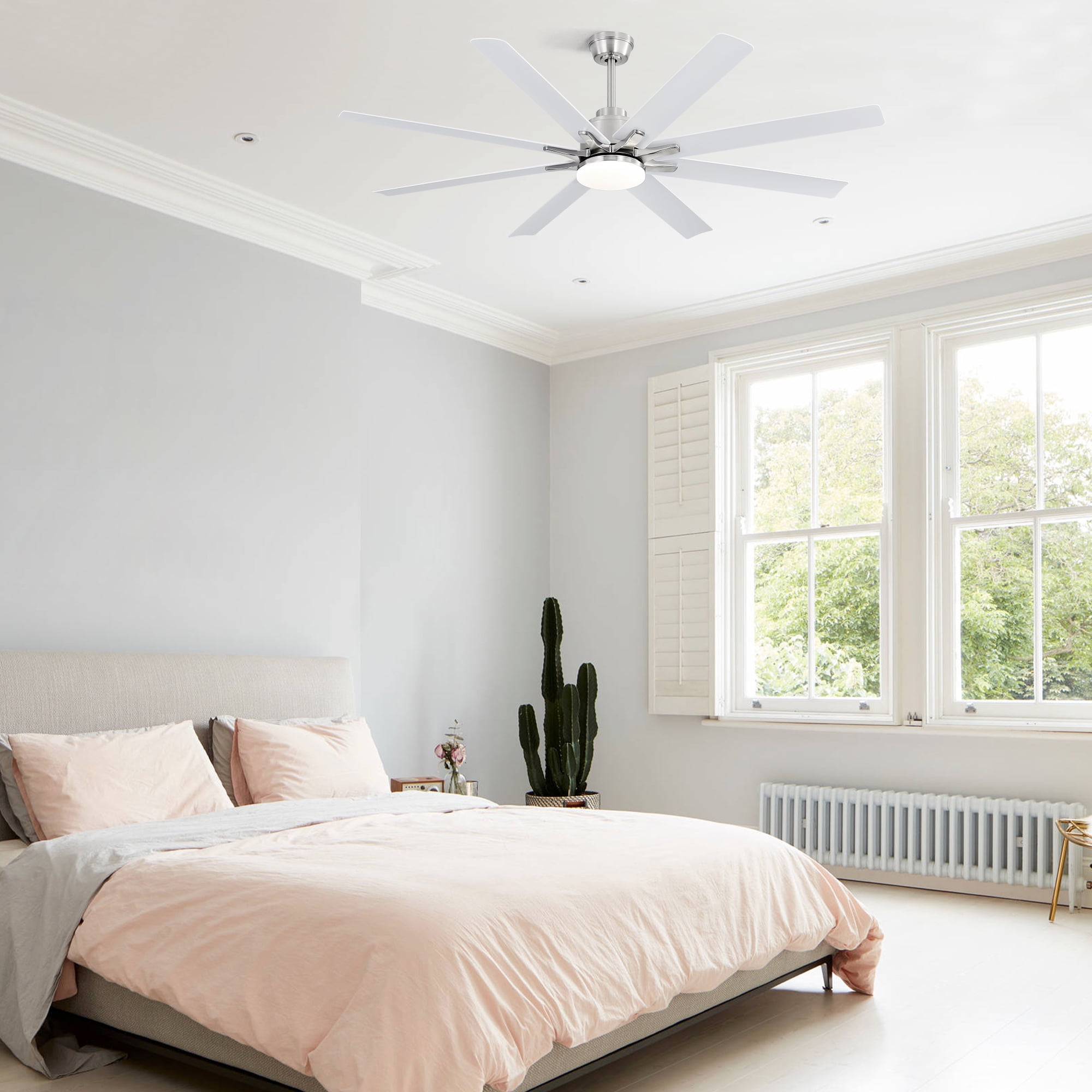 POPFAN 66 Inch ABS Ceiling Fan with Dimmable Light and Smart Remote Control 6 Speed Reversible Noiseless DC Motor for Indoor, Brushed Nickel & White