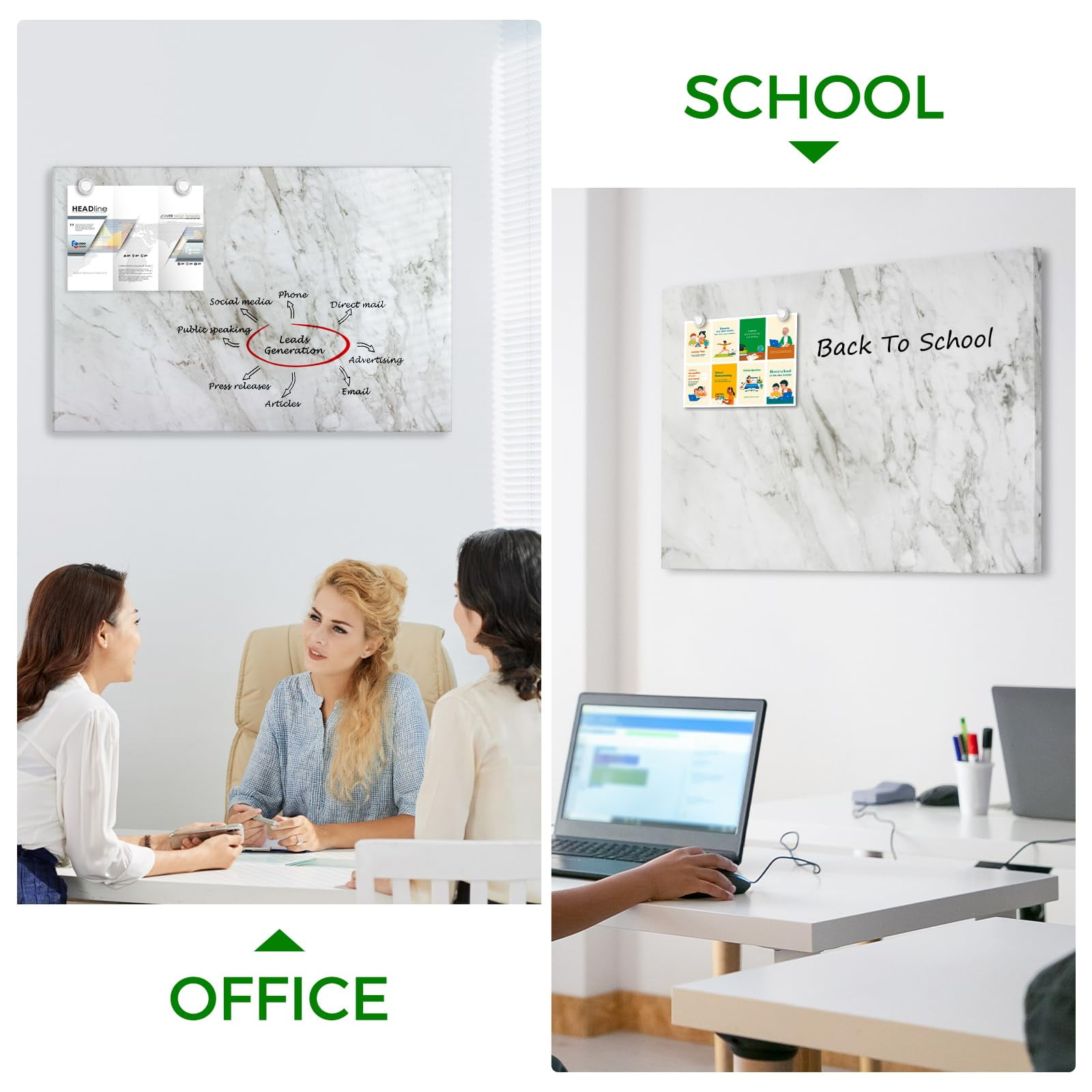 Magnetic Dry Erase Board 16"x12" Decorative White Board for Wall with White Marble Pattern Design White Board for Home Office Decor, Bedroom, Kitchen, Classroom Includes 6 Magnets and 2 Markers