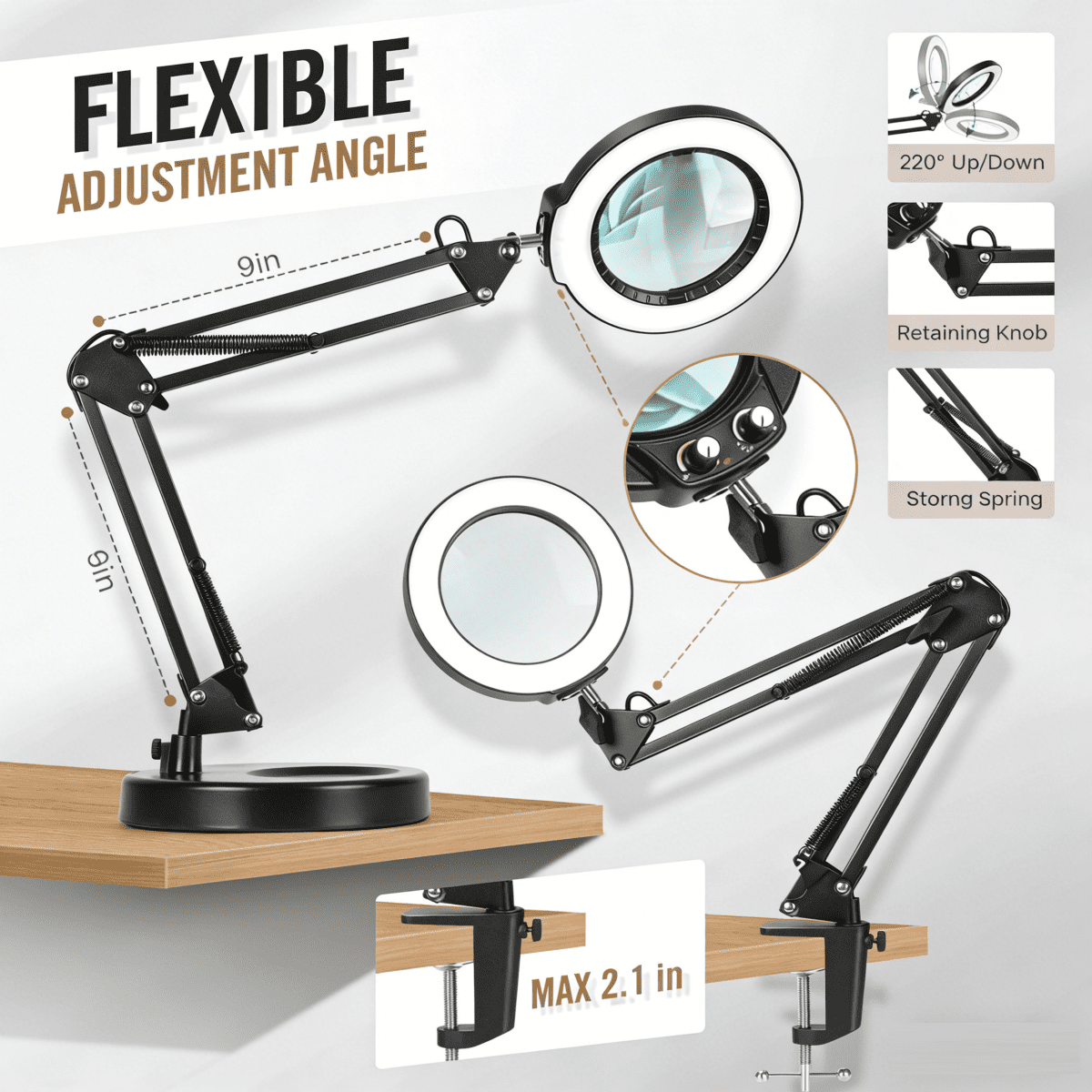 Magnifying Glass with Light and Stand, Real Glass Lens, Switch Knob for Multi-Color Modes Dimmable, LED Lighted Desk Lamp & Clamp, Hands Free Magnifier for Repair Craft Painting Close Work