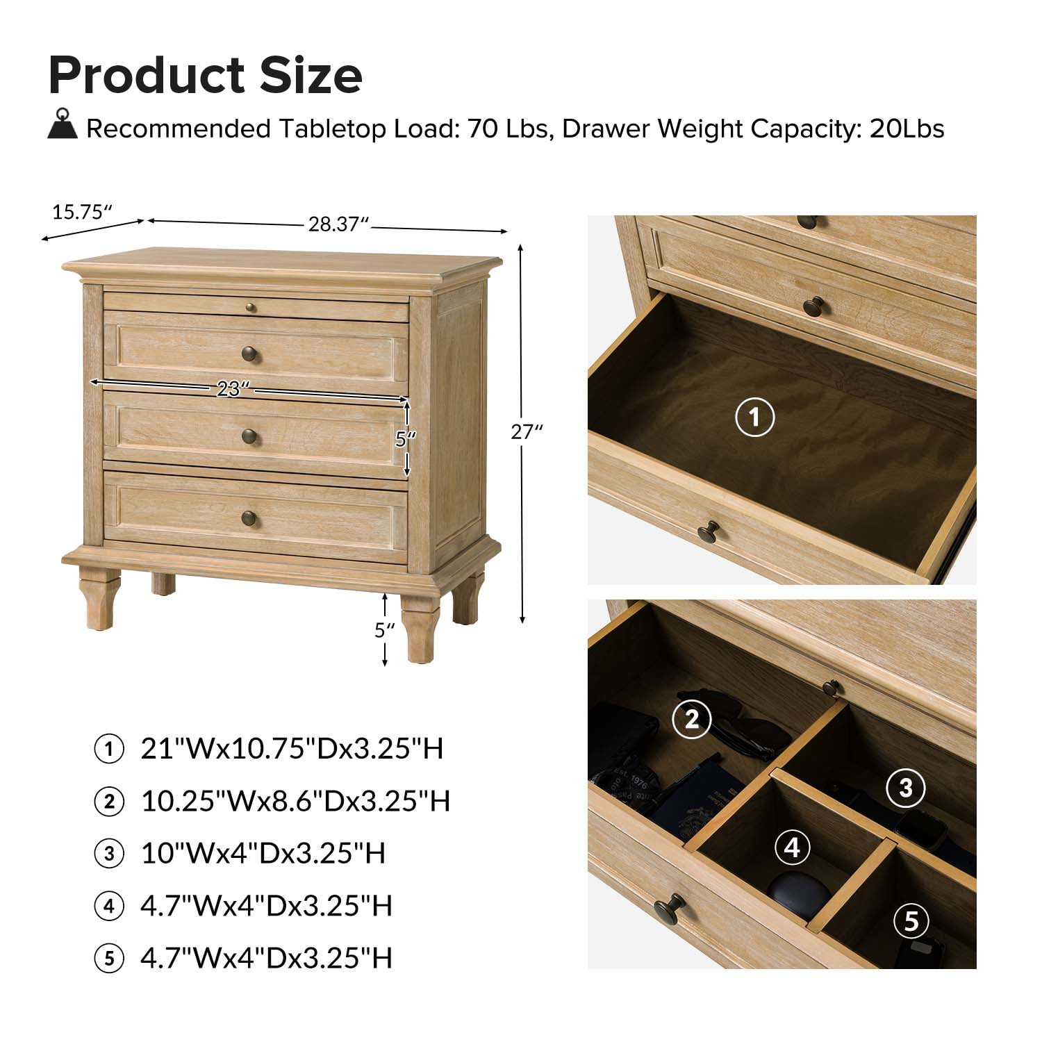 Tina's Home Farmhouse Natural Soild wood End Tables Set of 2 with Charging Station, 3 Drawer Side Table with Pull-Out Tray for Living Room, Small Spaces