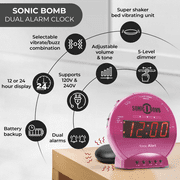Sonic Bomb Dual Extra Loud Alarm Clock with Bed Shaker, Pink | Sonic Alert Vibrating, Heavy Sleepers, Battery Backup | Wake with a Shake