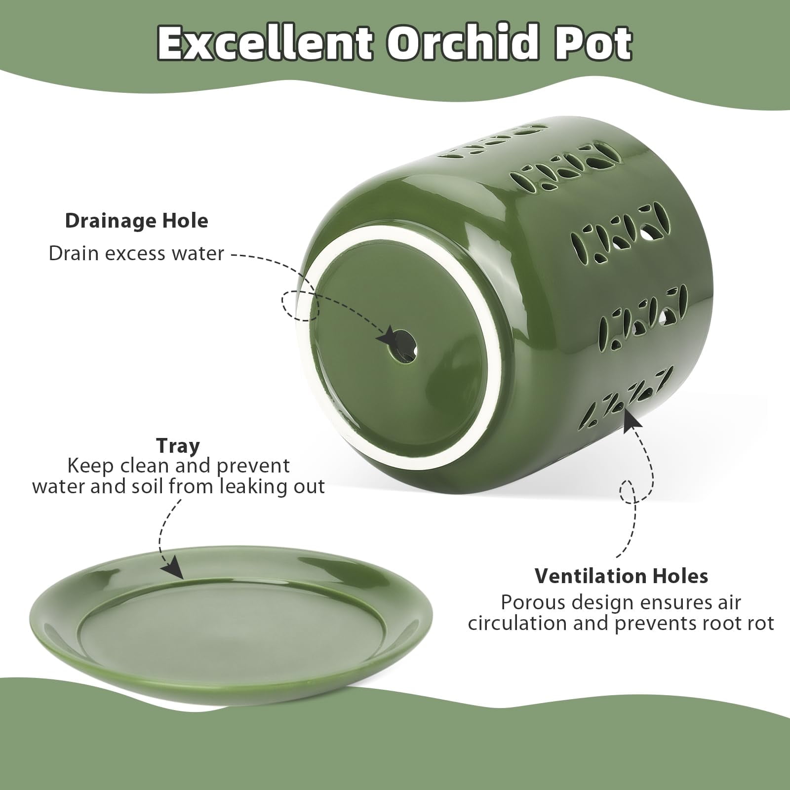 Orchid Pots with Holes, 5+6 Inch Ceramic Orchid Pot, Enhance Good Ventilation and Drainage, Flower Pots for Indoor/Outdoor Plants 2 Pack - Forest Green