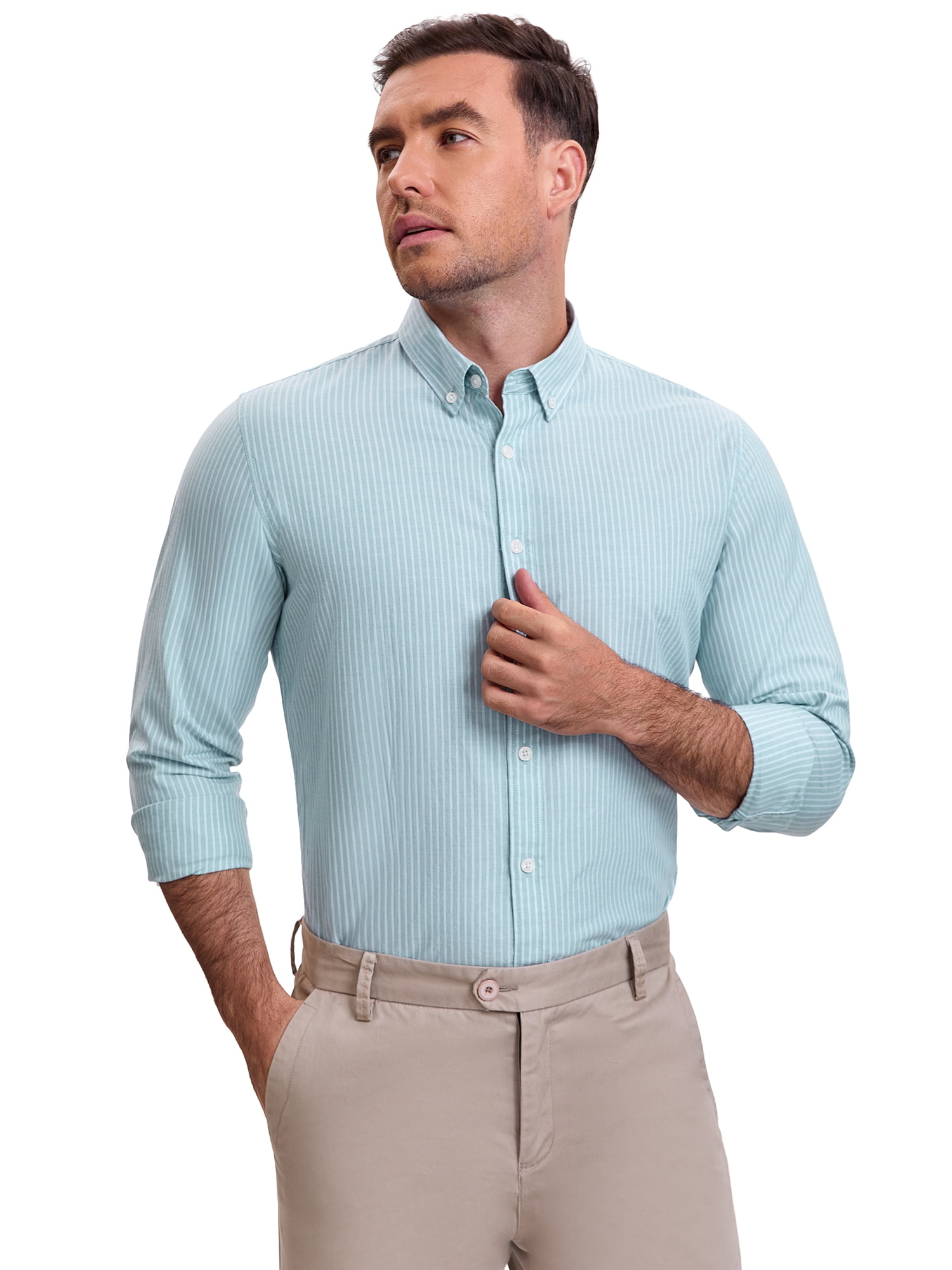 DARING DIVA Men's Stripes Long Sleeved Button Down Business Dress Shirts L Light Green