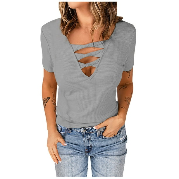 Tops Para Mujer Blusa Casual Elegante Camiseta de Manga Corta Sólida Con Cuello en V Odeerbi ODB163548