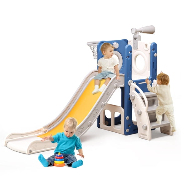 Baotree Ensemble de Jeu 6 en 1 pour Tout-Petits avec Glissade, Glissoire pour Enfants avec Panier de Basketball, Balle, Lancer d'Anneau, Jouets Intérieur Extérieur