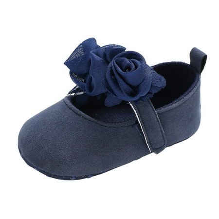 

DNDKILG Newborn Infant Girl Soft Sole Spring Summer Fall Mary Jane First Walkers Shoes Baby Toddler Flower Cirb Flats Dark Blue 0-18M