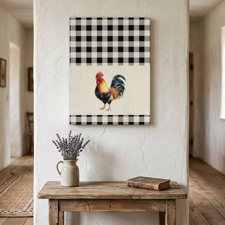 Ships Next Day Canvas Wall Art 16 x24 Black White Plaid Rooster Wood Framed Canvas Print Painting Vintage Farmhouse Checkered Rustic Ready to Hang Picture Wall Decor for Bedroom Living Room Dining
