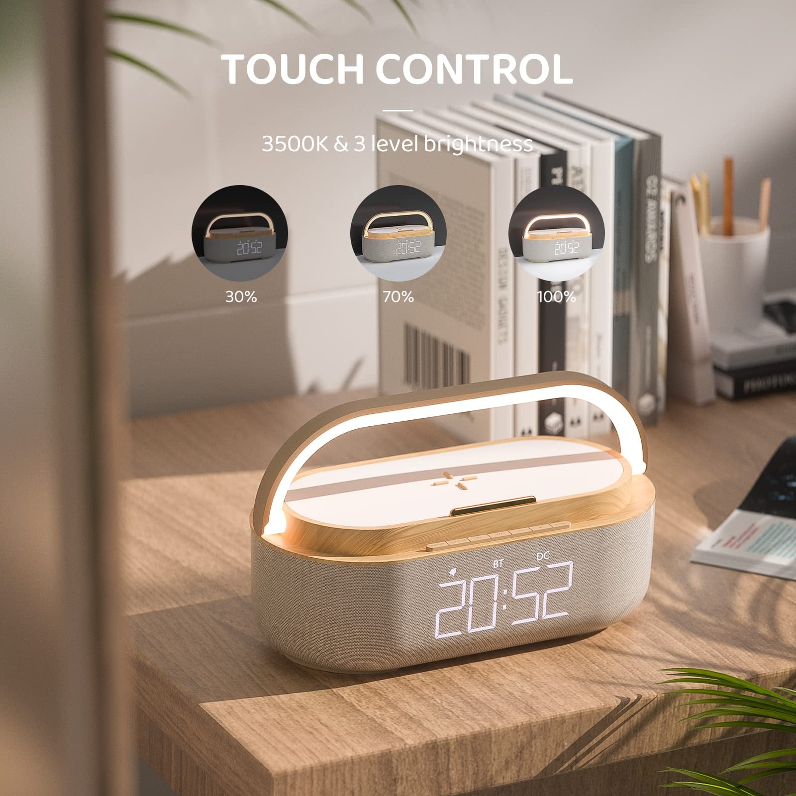 6-in-1 Wireless Charger Bluetooth Speaker with Alarm Clock, FM Radio & Night Light for iPhone Wood + 18W Adapter