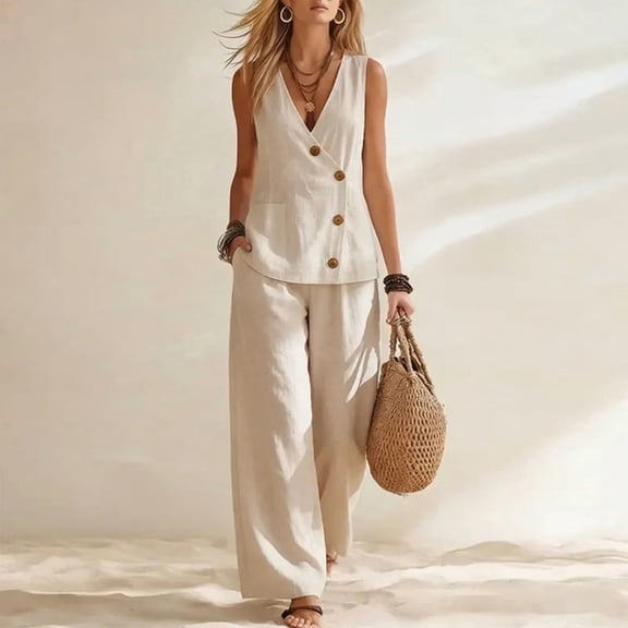 Morttic Women's 2 Piece Solid Color V-Neck Sleeveless Button Vest Cardigan & Side Pocket Wide Leg Pants Set Spring/Summer Outfit White,S