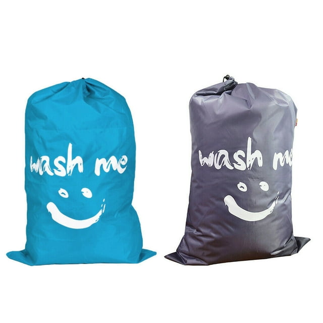 Paquete de 2 bolsas grandes para la colada, plegables, con cuerda de nailon, 4.23 oz, bolsa portátil ligera para ropa sucia, 90 l, en dormitorio, hotel, viajes, azul+sonrisa gris