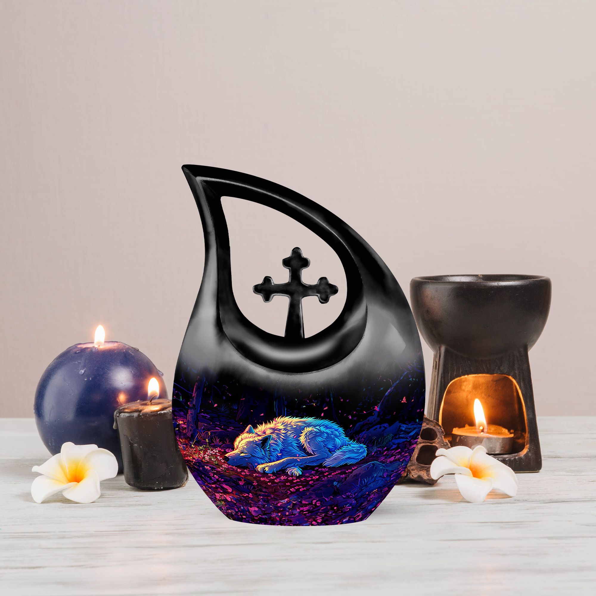 MUKTIVE Resting Wolf Large Urn for Funeral Ashes for Men & Women - Cross Drop Black Burial & Cremation Urns for Human Ashes - Remembrance Gift for Loss for Dad - Cremains Holder, 10 Inches