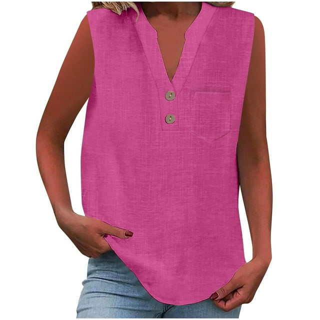 Admvng Tank Tops for Women Solid Color V-Neck Button Sleeveless Pocket Pullover Tank Top S-2XL