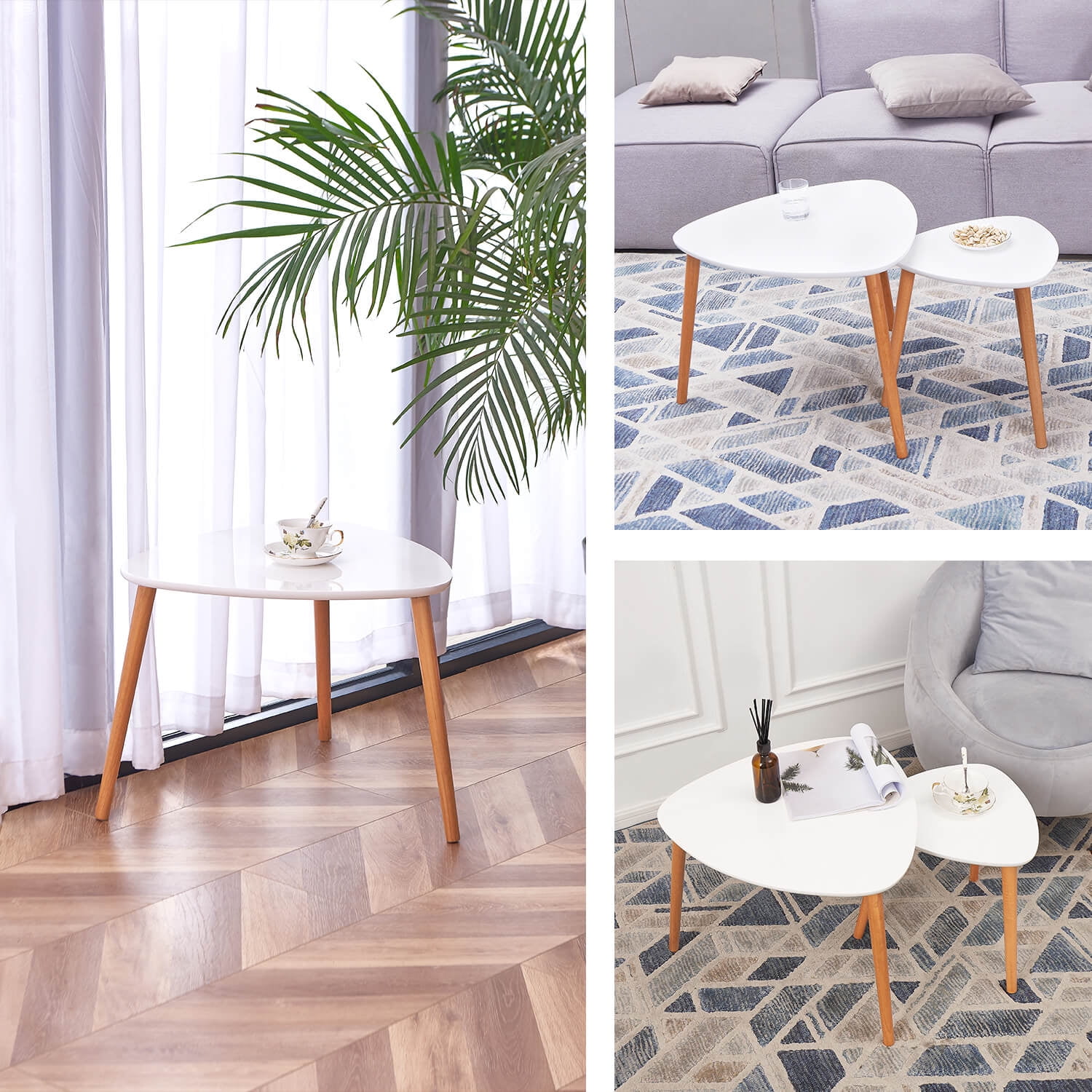 2pcs Nesting Coffee Tables Modern Decor Side End Table Black//Rubber Wood Legs