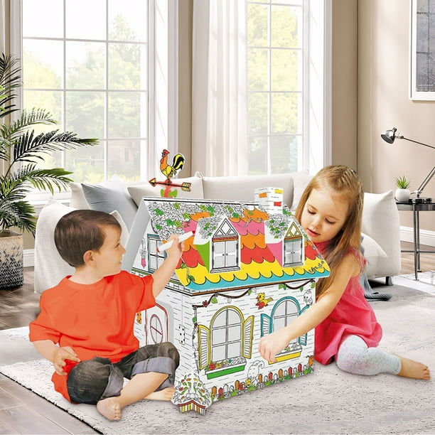 XYAIYT - Casa de juegos navideña para niños, plegable, de cartón, para colorear, con pinceles de acuarela, ideal para actividades familiares y para mejorar la coordinación ojo-mano en interiores, 33 x 27 x 38 cm