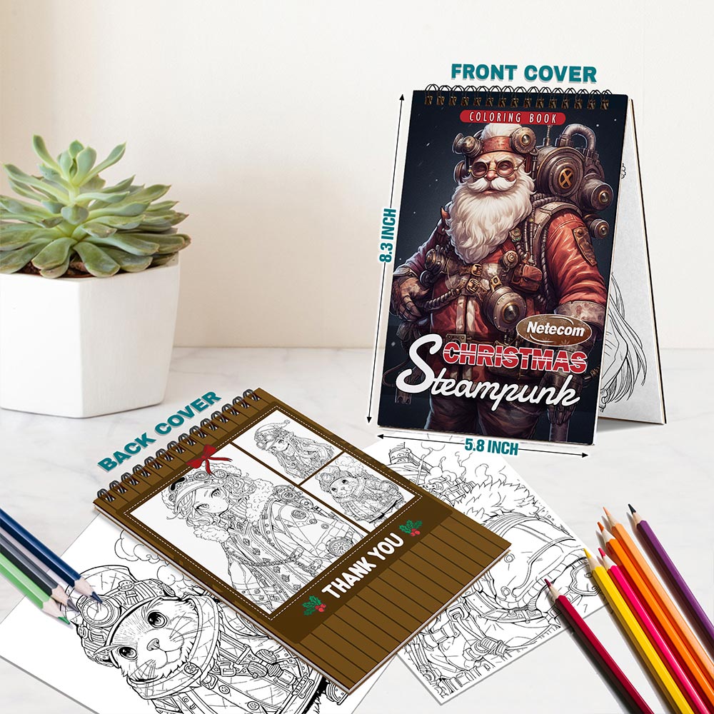 Netecom Steampunk Christmas Coloring Book Spiral Bound for Adults, A5 Wooden Cover, 30 Imaginative Coloring Pages of Vintage-Futuristic Santa Claus for Stress Relief and Relaxation