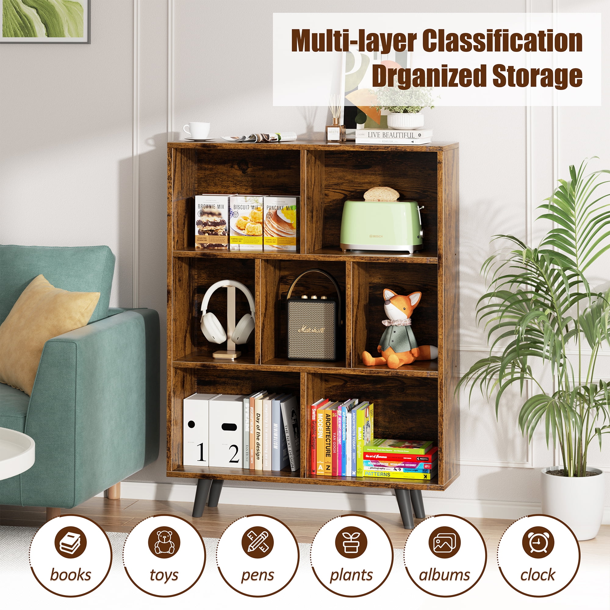 Walsunny Cube Bookcases Bookshelves 7 Cube Organizers with Legs 43" Tall Wooden Open Storage Display Bookshelf for Living Room Bedroom Office Brown