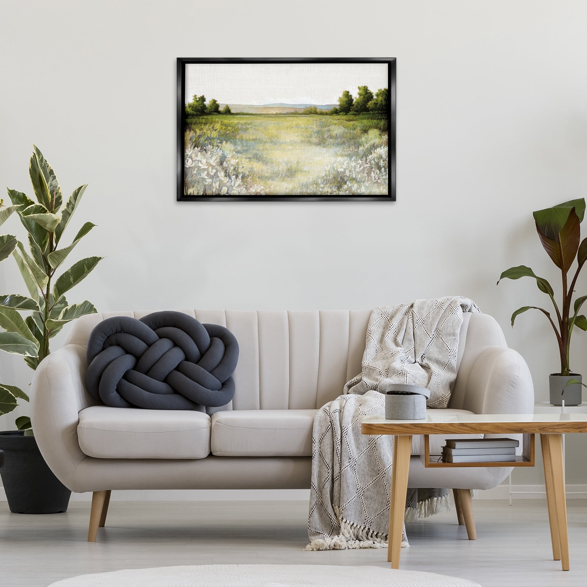 Stupell Industries White Flowers Meadow Landscape & Nature Painting Black Floater Framed Canvas Art Print Wall Art, 31 x 21
