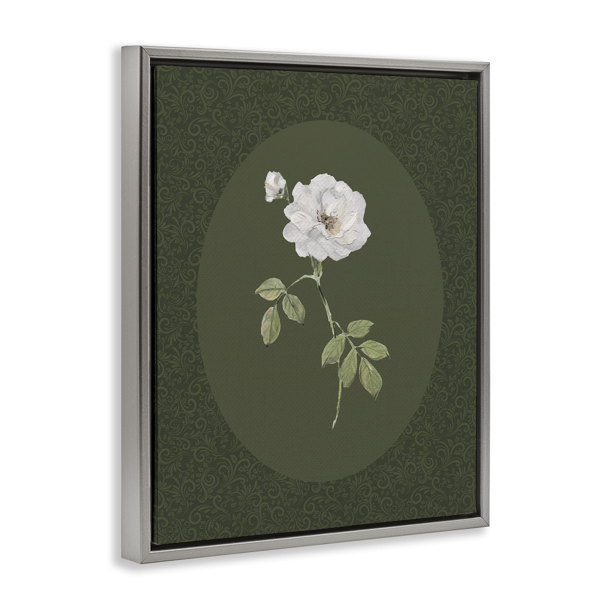 Stupell Industries White Rose on Emerald Gray Framed Floater Canvas Wall Art, design by Sally Swatland