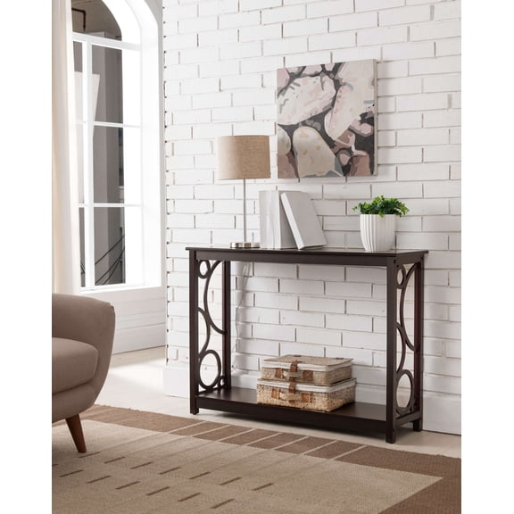 Kings Brand Furniture Wood Console Table with Lower Shelf, Circular Patterns, Dark Cherry