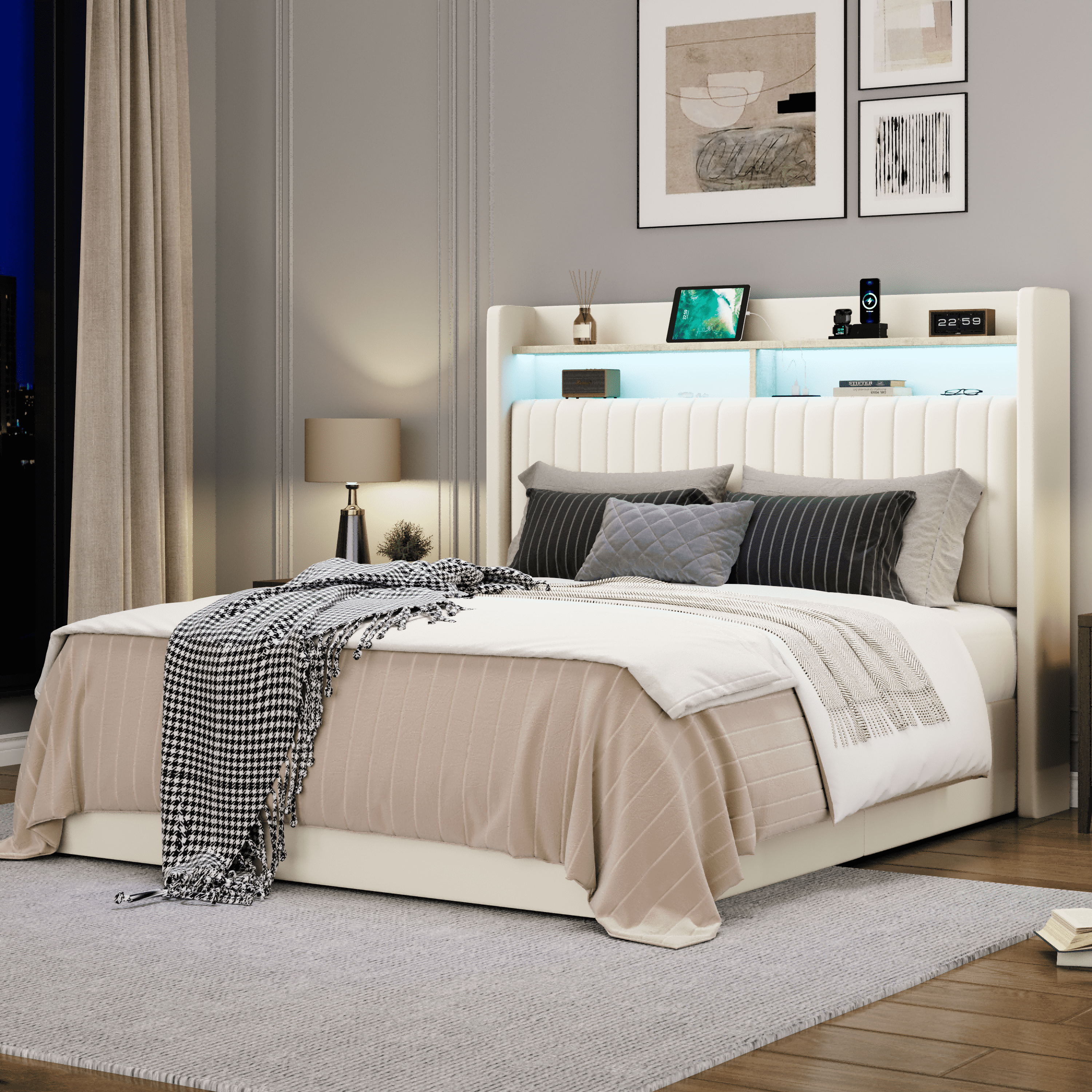 Amolife Full Hydraulic Lift-Up Storage Bed Frame, LED Headboard with Fast Charging (USB/Type-C), 2-Tier Shelves & Velvet Upholstered, Cream
