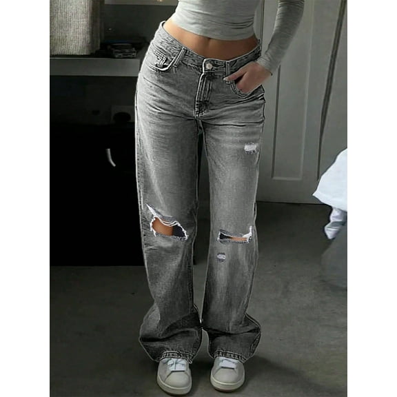 Y2k Vintage K Street Trend Ripped Jeans Jeans for Women Long Denim Pants Jeans Flare Waisted High Cotton Denim Elastic Grey Wash Jeans