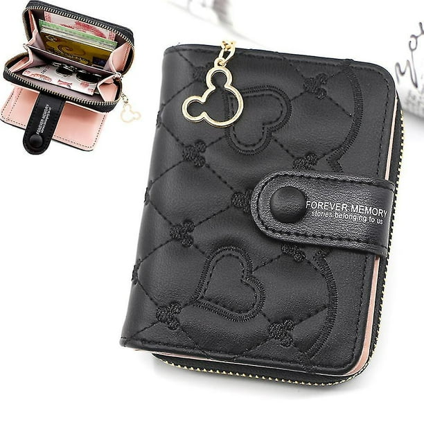 Carteras negras para mujer, cartera corta pequeña, compacta y plegable, monedero con cremallera para mujer