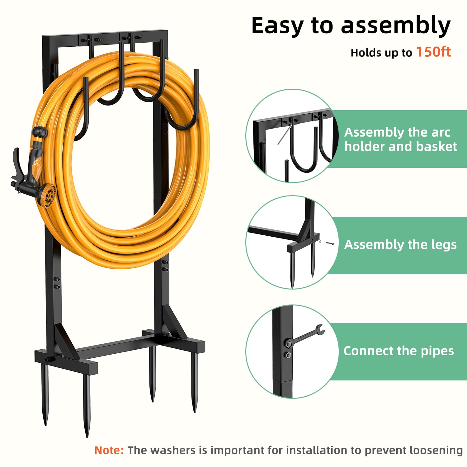 Garden Hose Holder Freestanding, Detachable Heavy Duty Metal Hose Stand with 6 Hooks, Water Hose Reel Rack Organizer