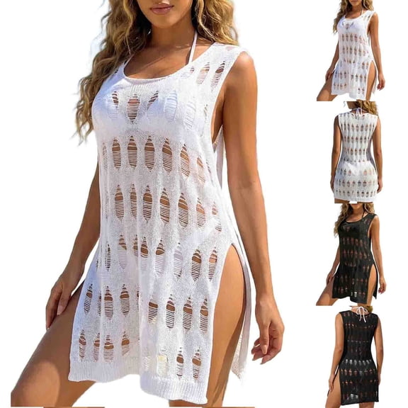 Women's Crochet Swimsuits Cover Ups Bathing Suit Hollow Out Bikini Coverup Sleeveless Beach Swimwear Dresses White Free Size