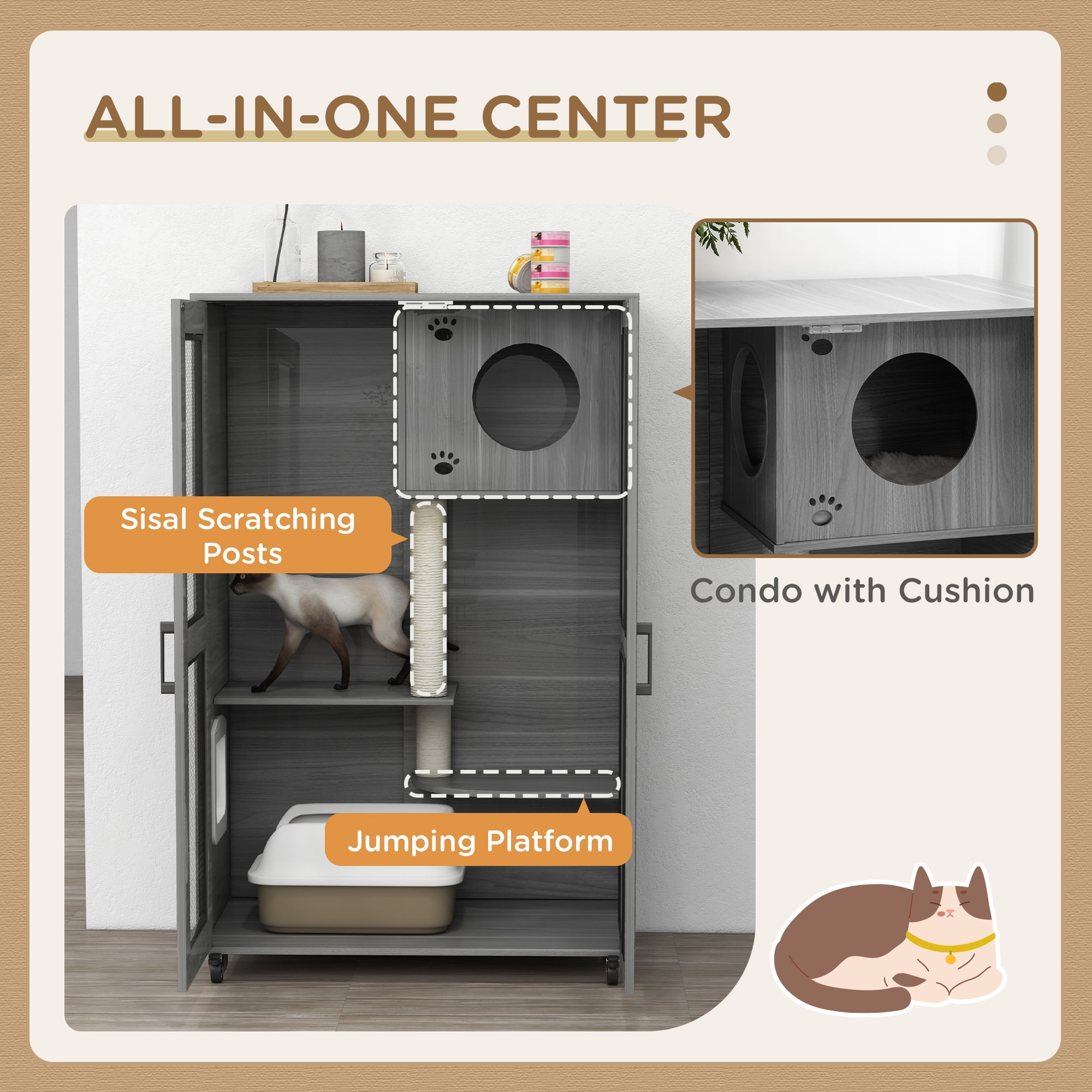 PawHut Cat House with Cat Tree Kitty Cage with Scratching Posts Condo Wheels Flap Door, Gray, 31.5" x 20" x 48.5"