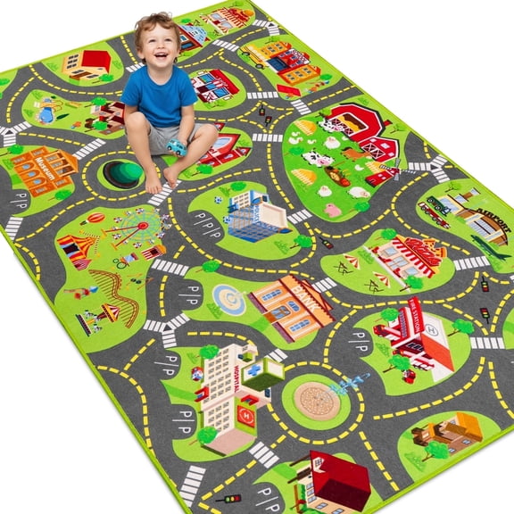 Kids Car Rug Play Mat, Kids Road Car Play Rug for Toy Cars, Educational Town City Map Carpet Vehicle Mat for Boy Playroom Bedroom, Non Slip Car Track Rugs for Kid Baby Children (60"X36", A)