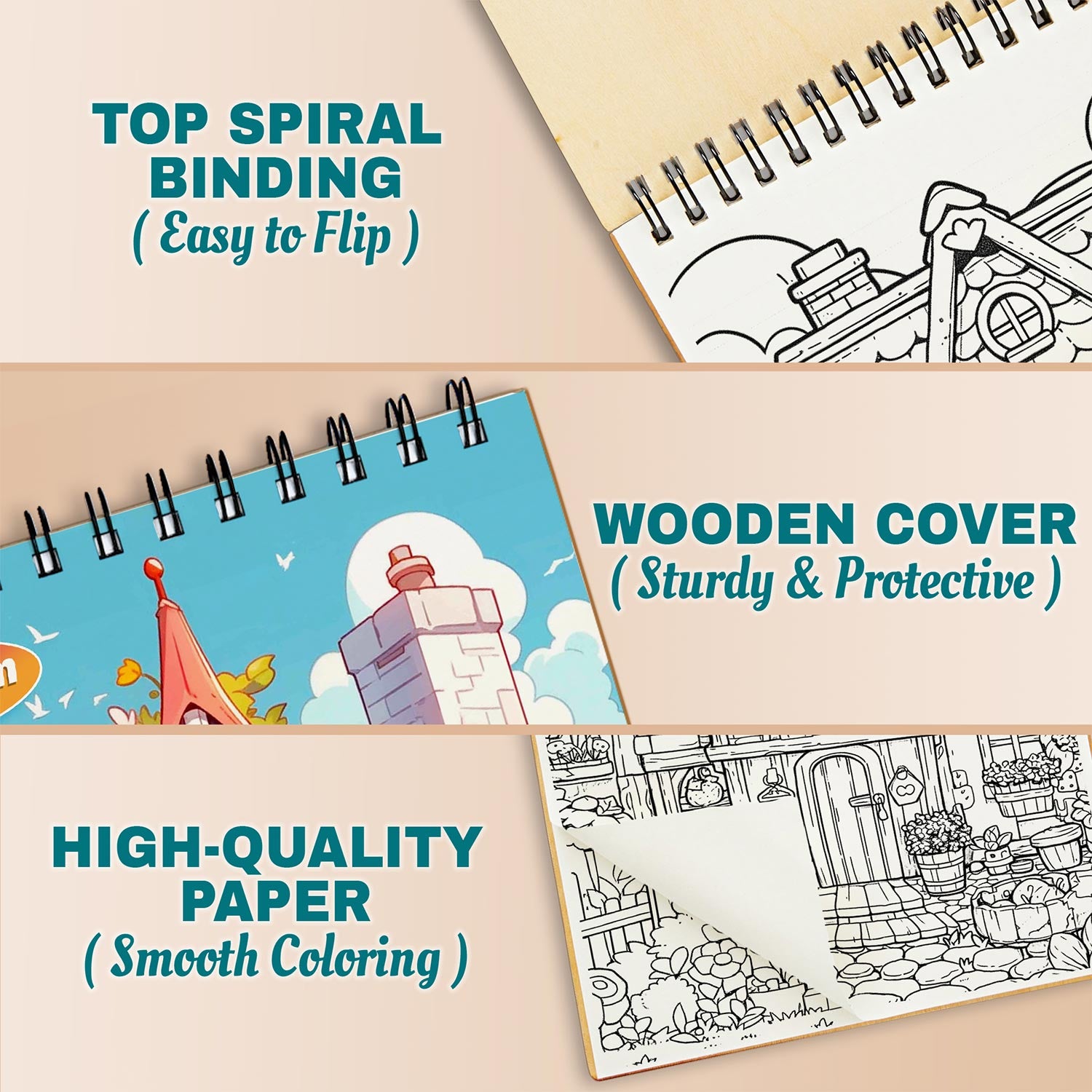 Netecom Adorable Town Spiral Bound Coloring Book for Adults, A5 Wooden Cover, 30 Charming Coloring Pages of Kawaii World for Stress Relief and Relaxation